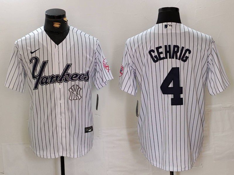 Men New York Yankees #4 Gehrig White stripe Three generations of joint names Nike 2024 MLB Jersey style 4